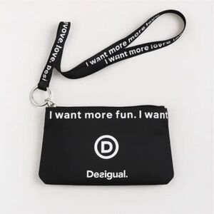 Desigual Black Wristlet Pouch with Logo Strap "I Want More Fun" Zipper Clutch